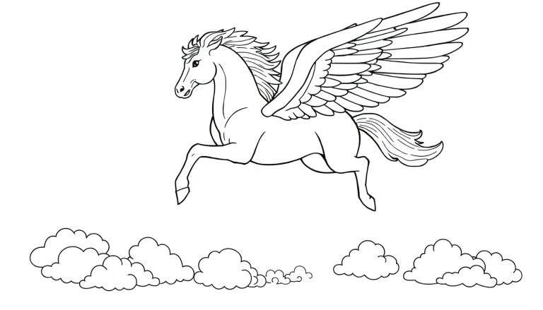 Pegaso volando, una placa de color para colorear.
