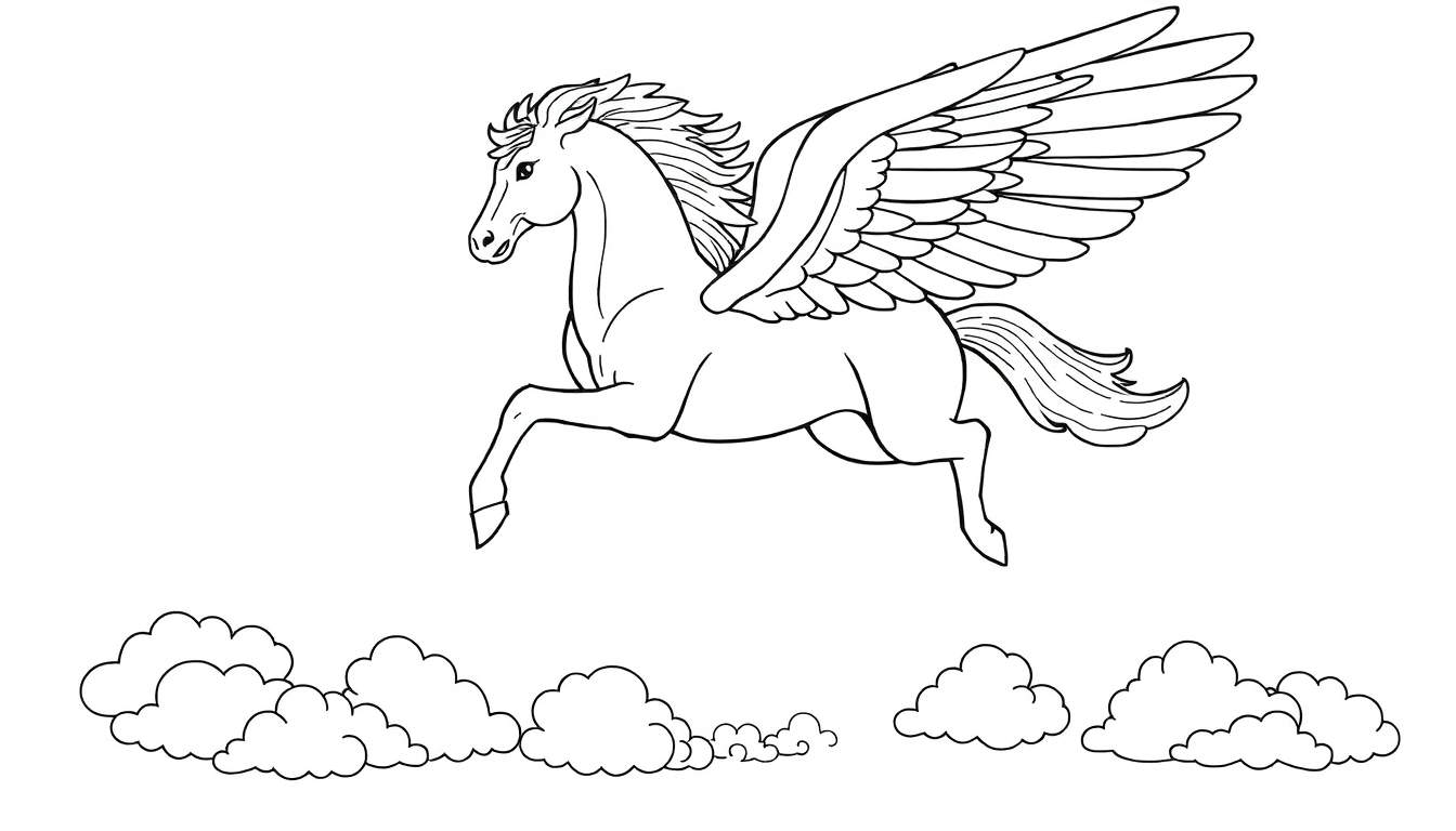 Pegaso volando, una placa de color para colorear.
