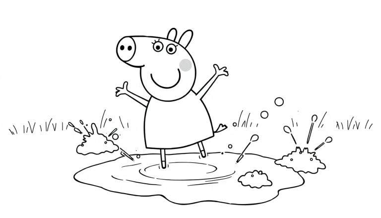 Peppa Pig divirtiéndose en un charco de barro, una imagen para colorear en blanco y negro de la placa de color.