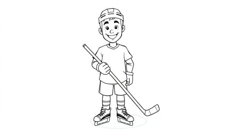 Un dibujo lineal de un niño sonriente jugando al hockey, listo para la acción con un palo de hockey, esperando a ser coloreado con una placa de color.