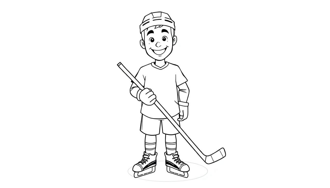 Un dibujo lineal de un niño sonriente jugando al hockey, listo para la acción con un palo de hockey, esperando a ser coloreado con una placa de color.