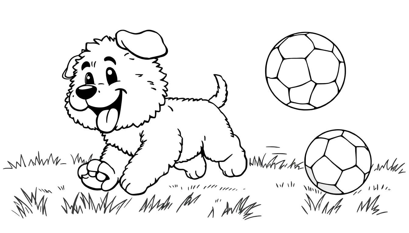 Placa de color de un perro feliz jugando con dos pelotas de fútbol.