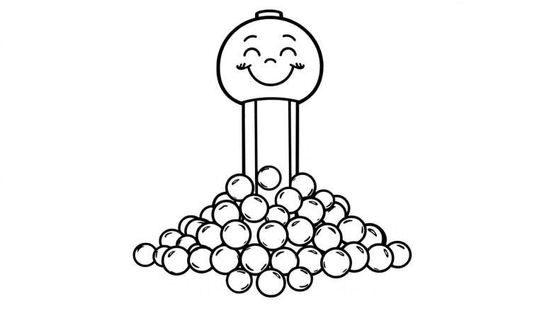 Ilustración para colorear de un dispensador de Pez con dulces saliendo, con una cara sonriente, como una placa de color.