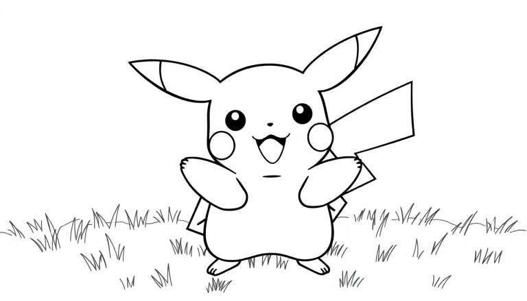 Placa de color de Pikachu sonriente levantando los brazos.