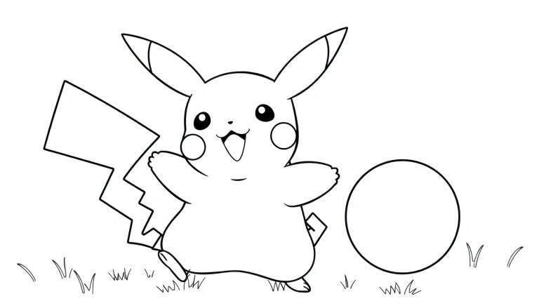 Pikachu de contorno negro sobre fondo blanco, listo para colorear, con la frase 'placa de color'.
