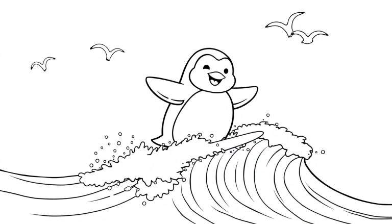 Un pingüino sonriente surfeando una ola en una página para colorear de placa de color.