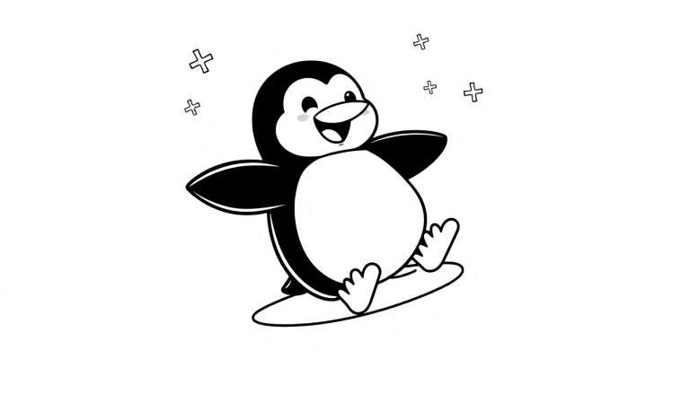 Un pingüino sonriente con un ojo guiñado en una tabla de surf, listo para colorear la placa.