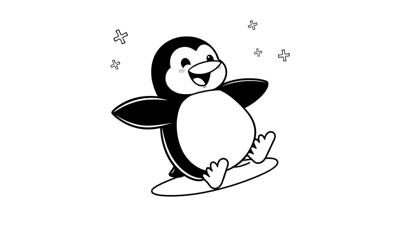 Un pingüino sonriente con un ojo guiñado en una tabla de surf, listo para colorear la placa.