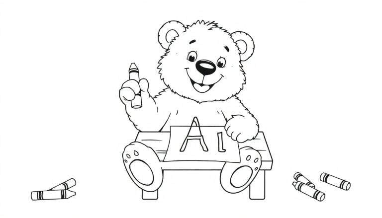 Placa de color de un oso de peluche feliz dibujando 'AI' con un crayón.