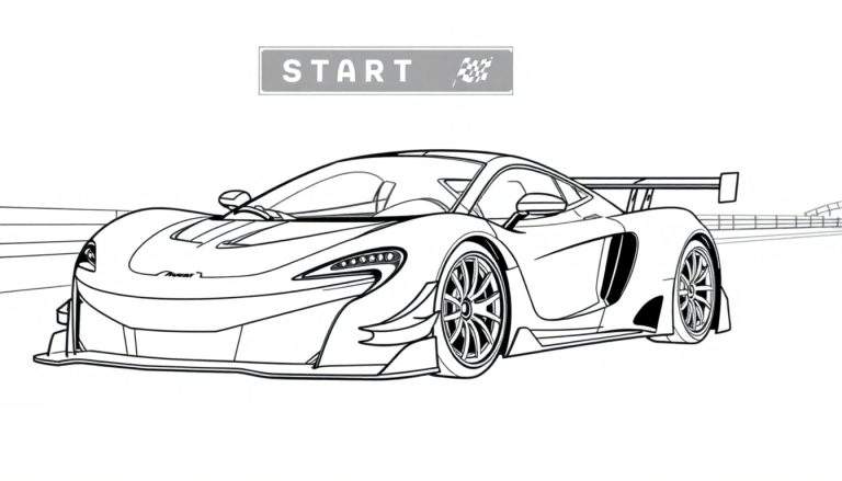 Coche deportivo McLaren para colorear en la línea de salida con placa de color.