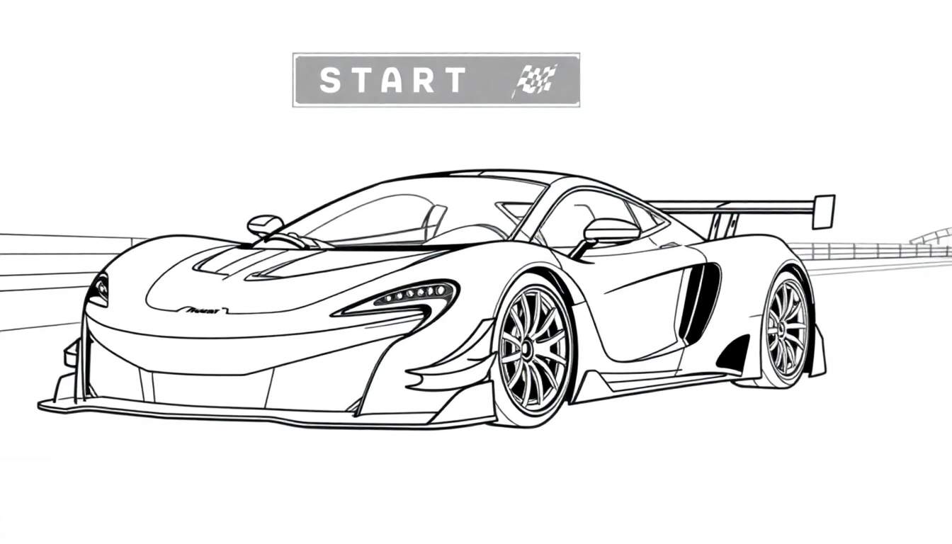 Coche deportivo McLaren para colorear en la línea de salida con placa de color.