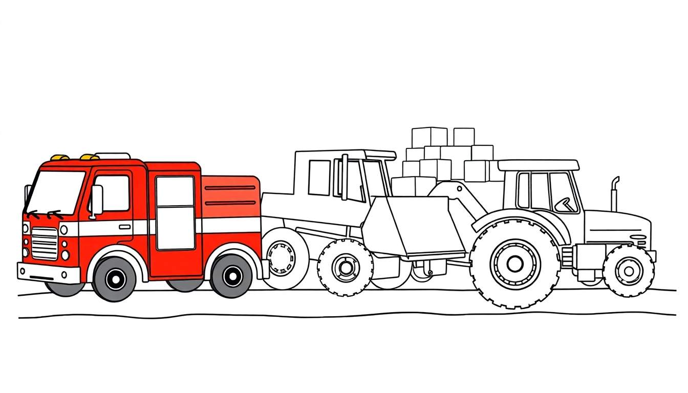 Página para colorear con un camión de bomberos, una excavadora y un tractor en una obra, todos listos para añadir color.