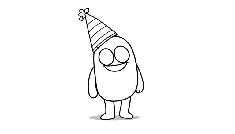 Personaje de Among Us con gorro de fiesta, listo para colorear, placa de color.