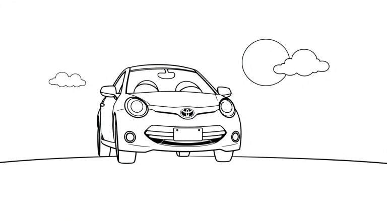 Un coche Toyota IQ de dibujo animado en una colina, listo para añadir la placa de color.