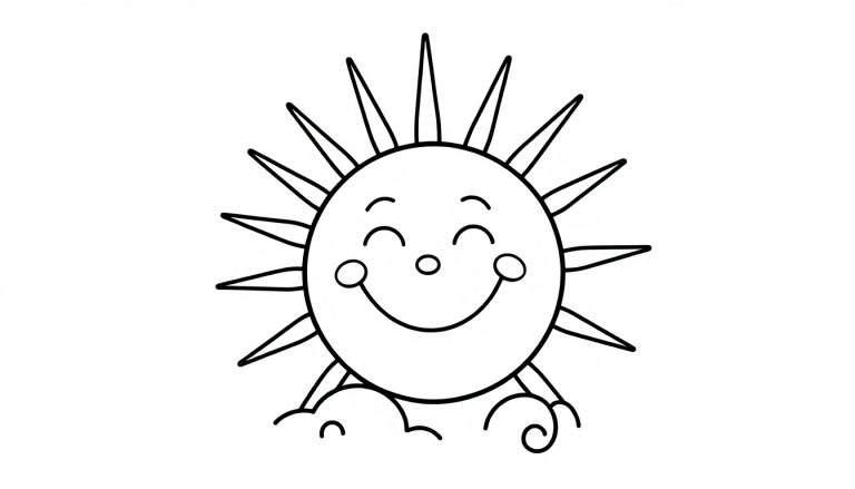 Placa de color de un sol sonriente con rayos alegres y nubes juguetones.