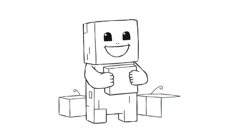 Página para colorear de un Creeper feliz de Minecraft construyendo con bloques.