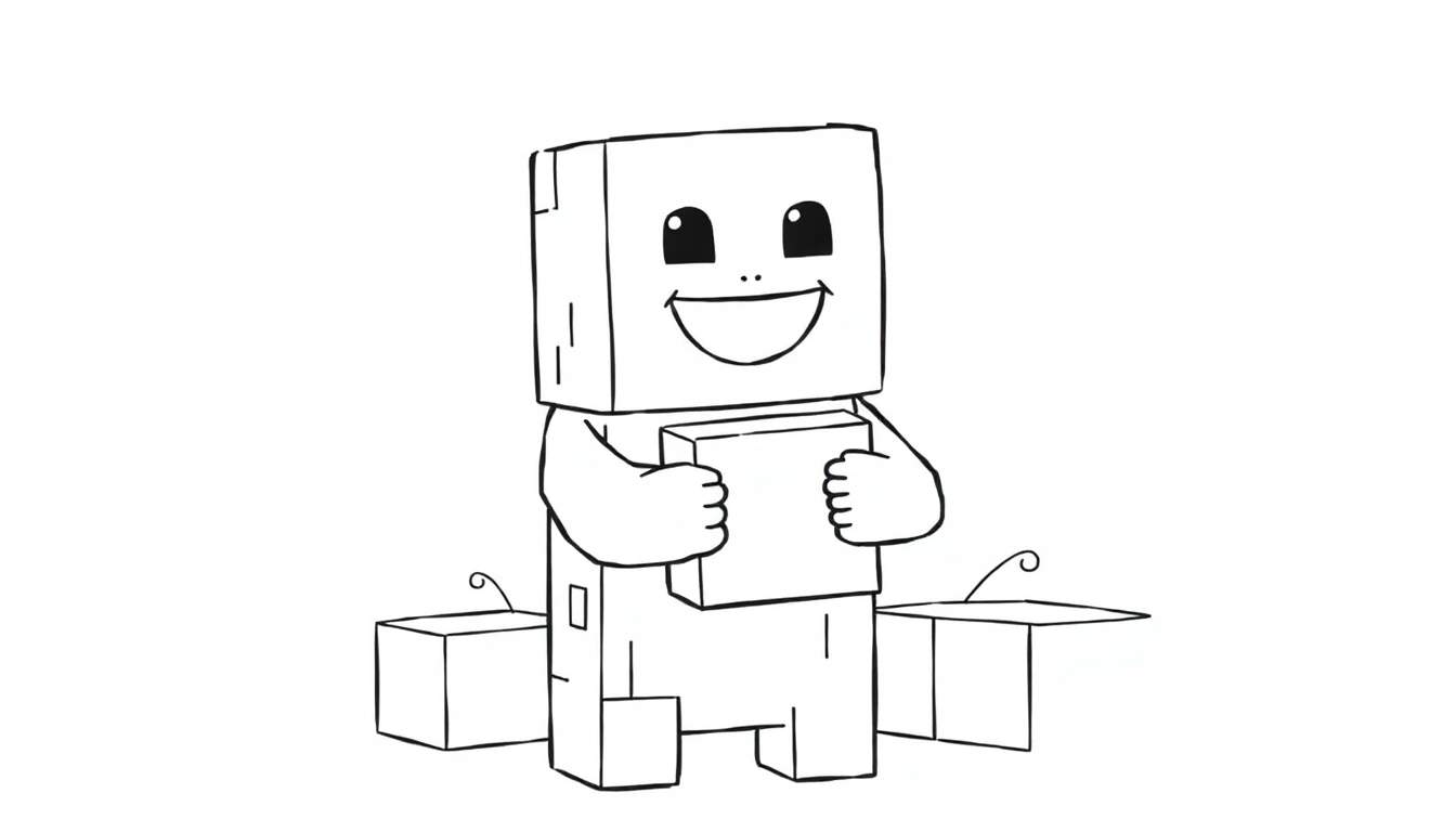 Página para colorear de un Creeper feliz de Minecraft construyendo con bloques.