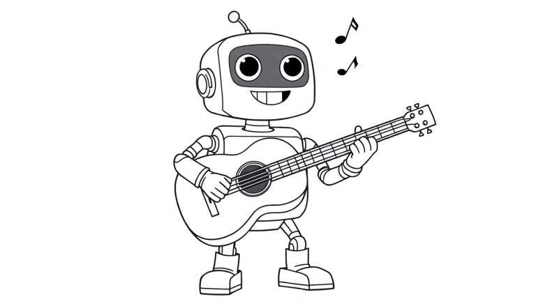 Un robot de caricatura con cabeza cuadrada y pantalla gris tocando una guitarra acústica, listo para colorear en esta placa.