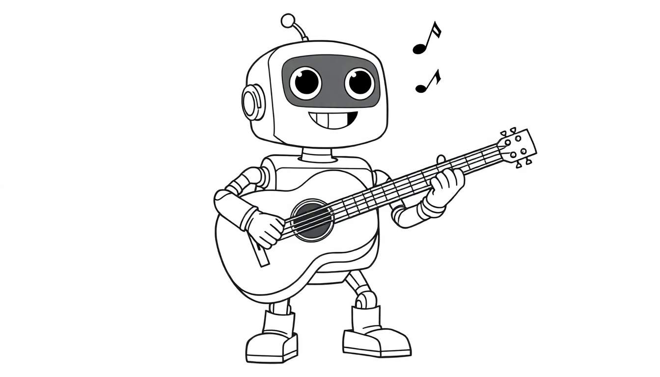 Un robot de caricatura con cabeza cuadrada y pantalla gris tocando una guitarra acústica, listo para colorear en esta placa.