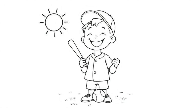 Una placa para colorear de un niño feliz jugando al béisbol.