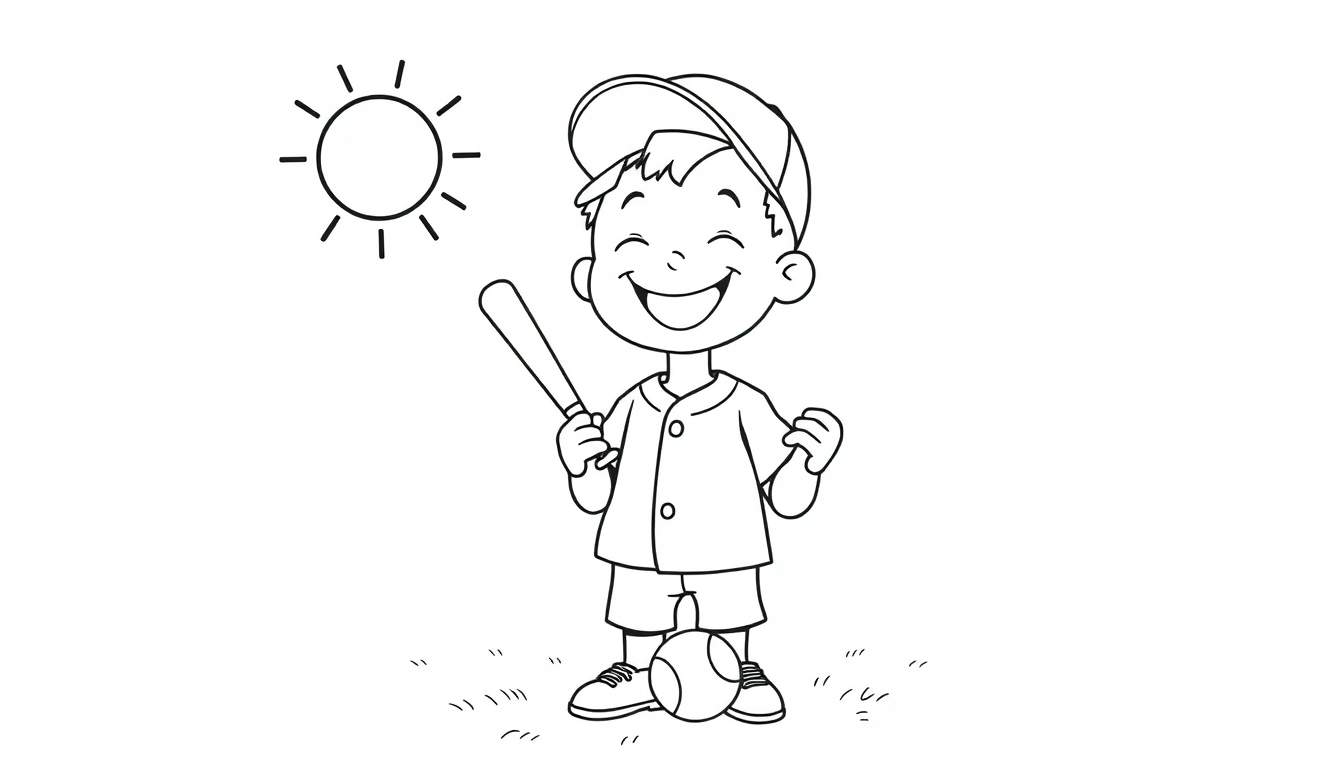 Una placa para colorear de un niño feliz jugando al béisbol.