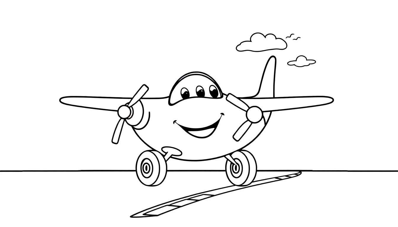 Placa de color de un avión de dibujos animados sonriendo sobre una pista con nubes y pájaros.