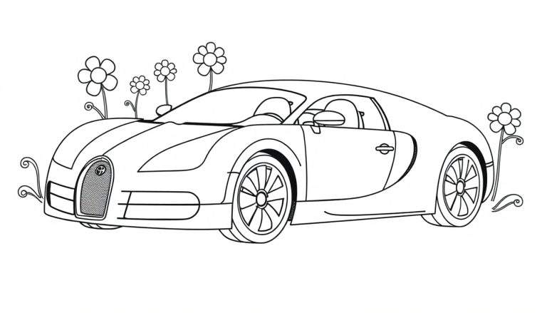 Un coche deportivo Bugatti clásico para colorear, rodeado de flores, con la frase 'placa de color' en la imagen.