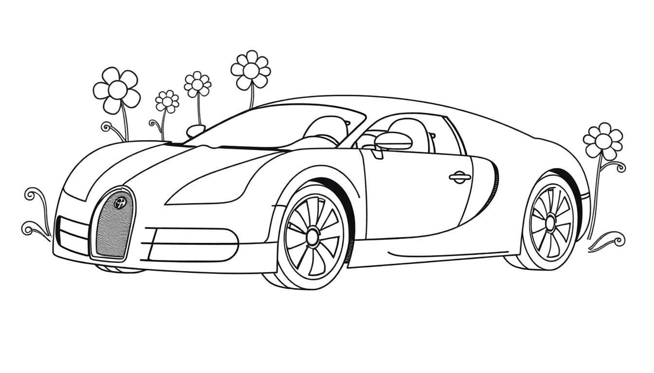 Un coche deportivo Bugatti clásico para colorear, rodeado de flores, con la frase 'placa de color' en la imagen.