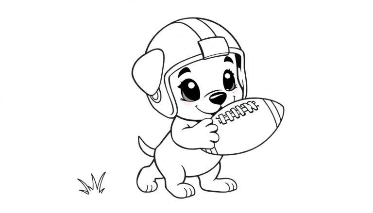 Placa de color de un cachorro con casco de fútbol americano, sosteniendo un balón.