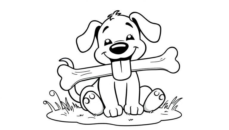 Placa de color de un perro feliz con un hueso.