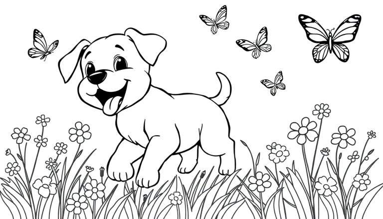 Un cachorro feliz jugando con mariposas y flores, listo para ser coloreado en esta placa de color.