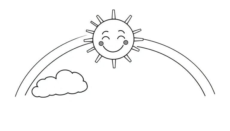 Placa de color con un sol sonriente, una nube y un arco iris.