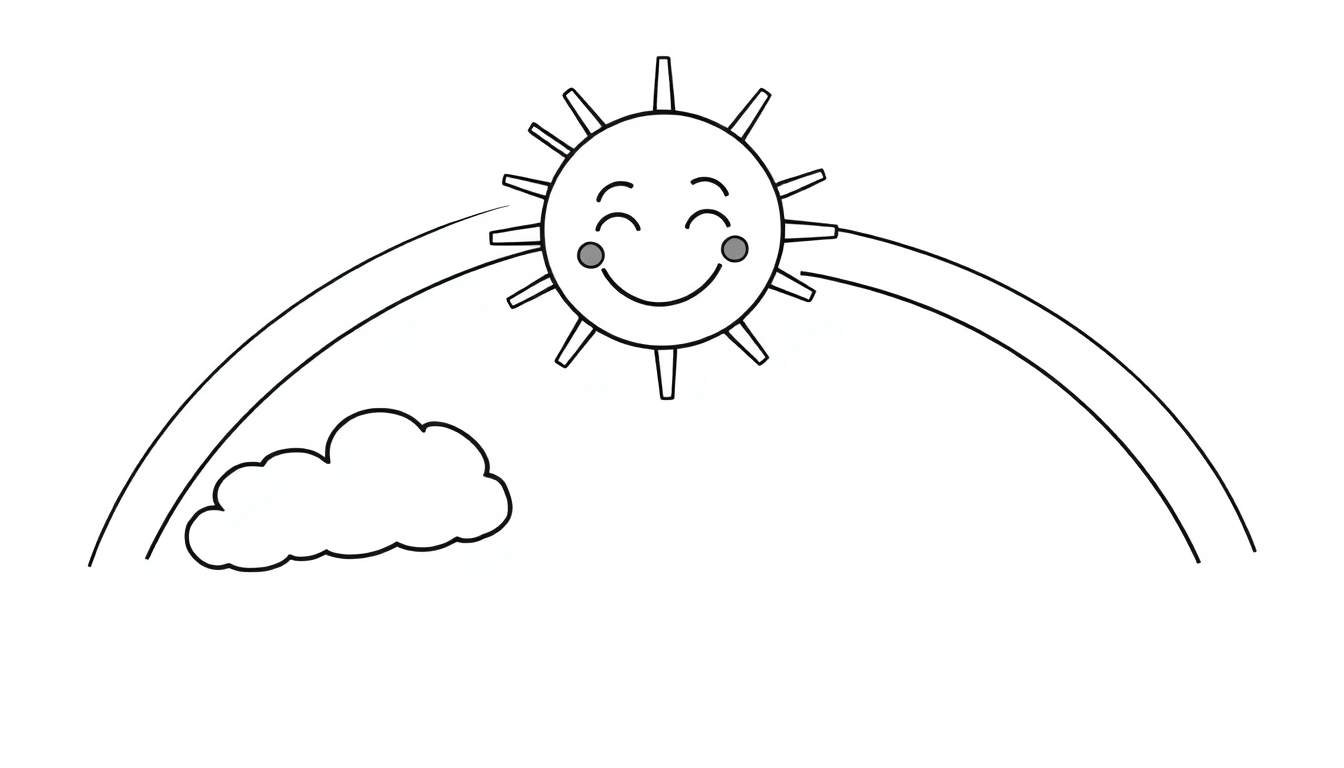 Placa de color con un sol sonriente, una nube y un arco iris.