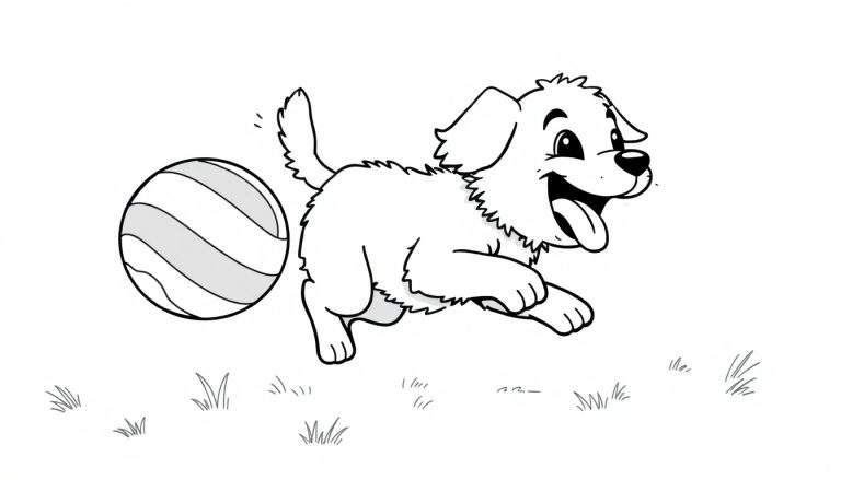 Perro feliz corriendo con una pelota, listo para colorear en esta placa de color.