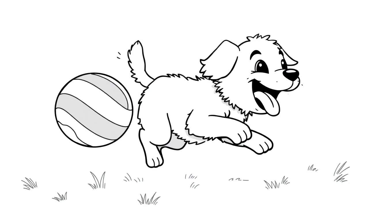 Perro feliz corriendo con una pelota, listo para colorear en esta placa de color.