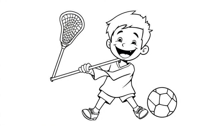 Placa de color de un niño sonriente jugando al lacrosse con un stick.