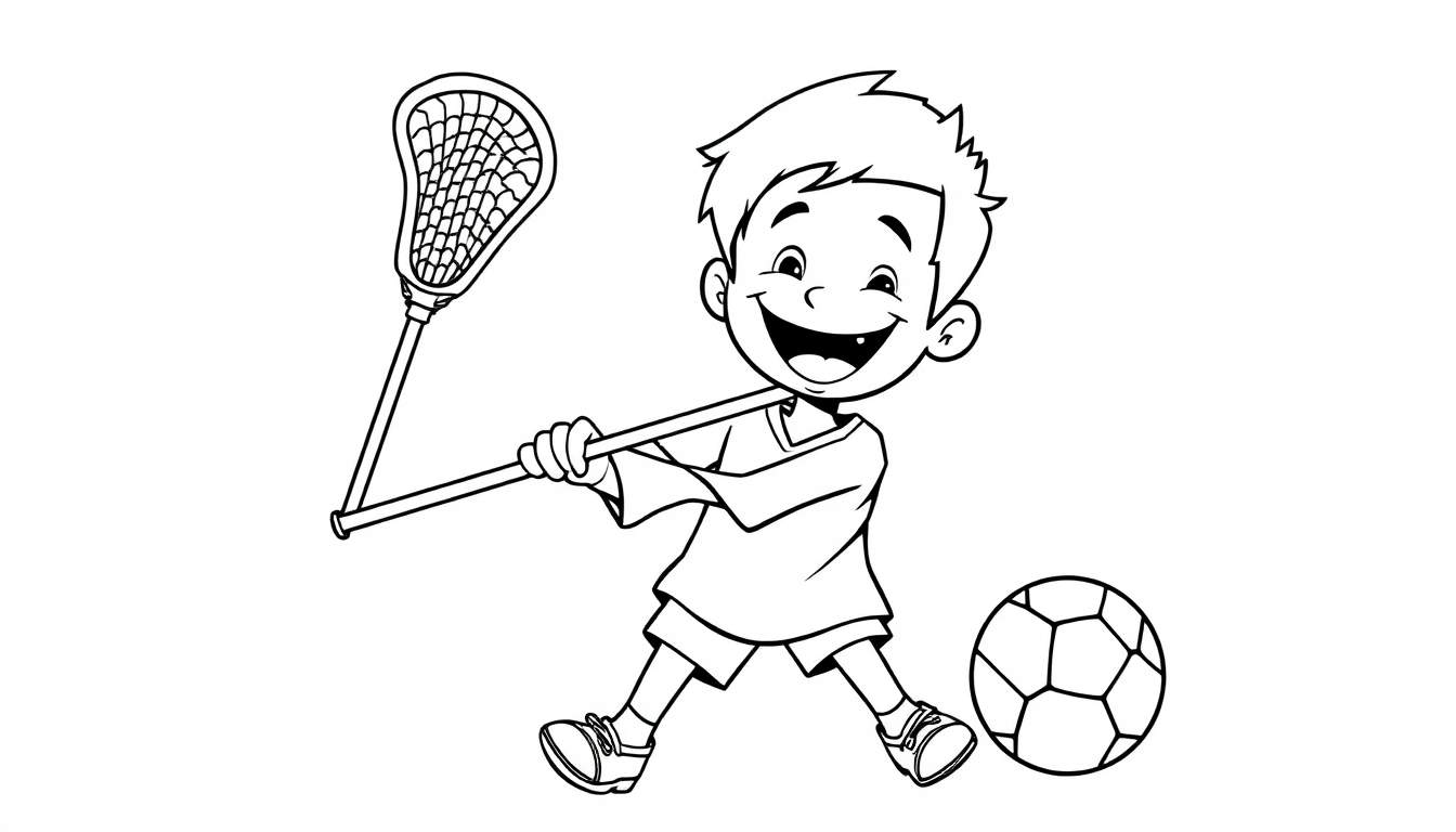 Placa de color de un niño sonriente jugando al lacrosse con un stick.
