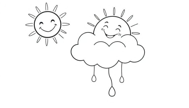 Placa de color de un sol y una nube sonrientes.
