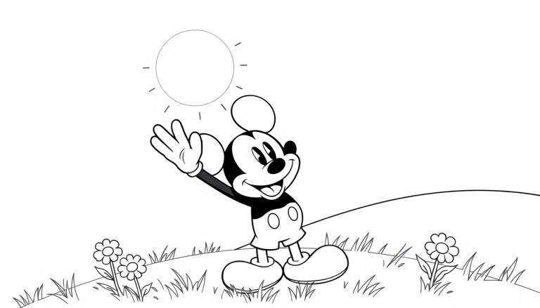 Placa de color de Mickey Mouse saludando bajo el sol.
