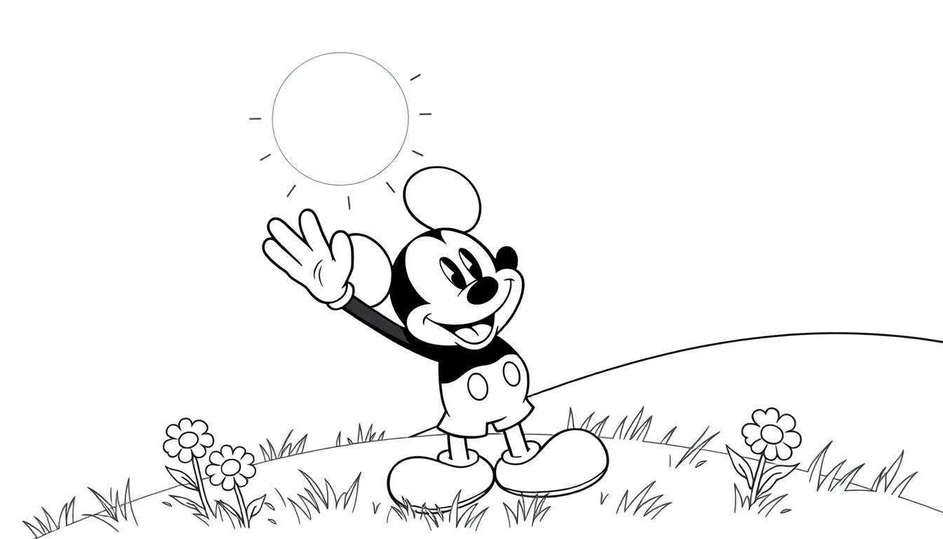 Placa de color de Mickey Mouse saludando bajo el sol.