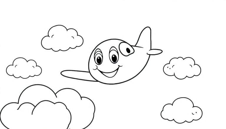 Un avión amigable sonriendo, listo para ser coloreado en una placa de color con nubes.