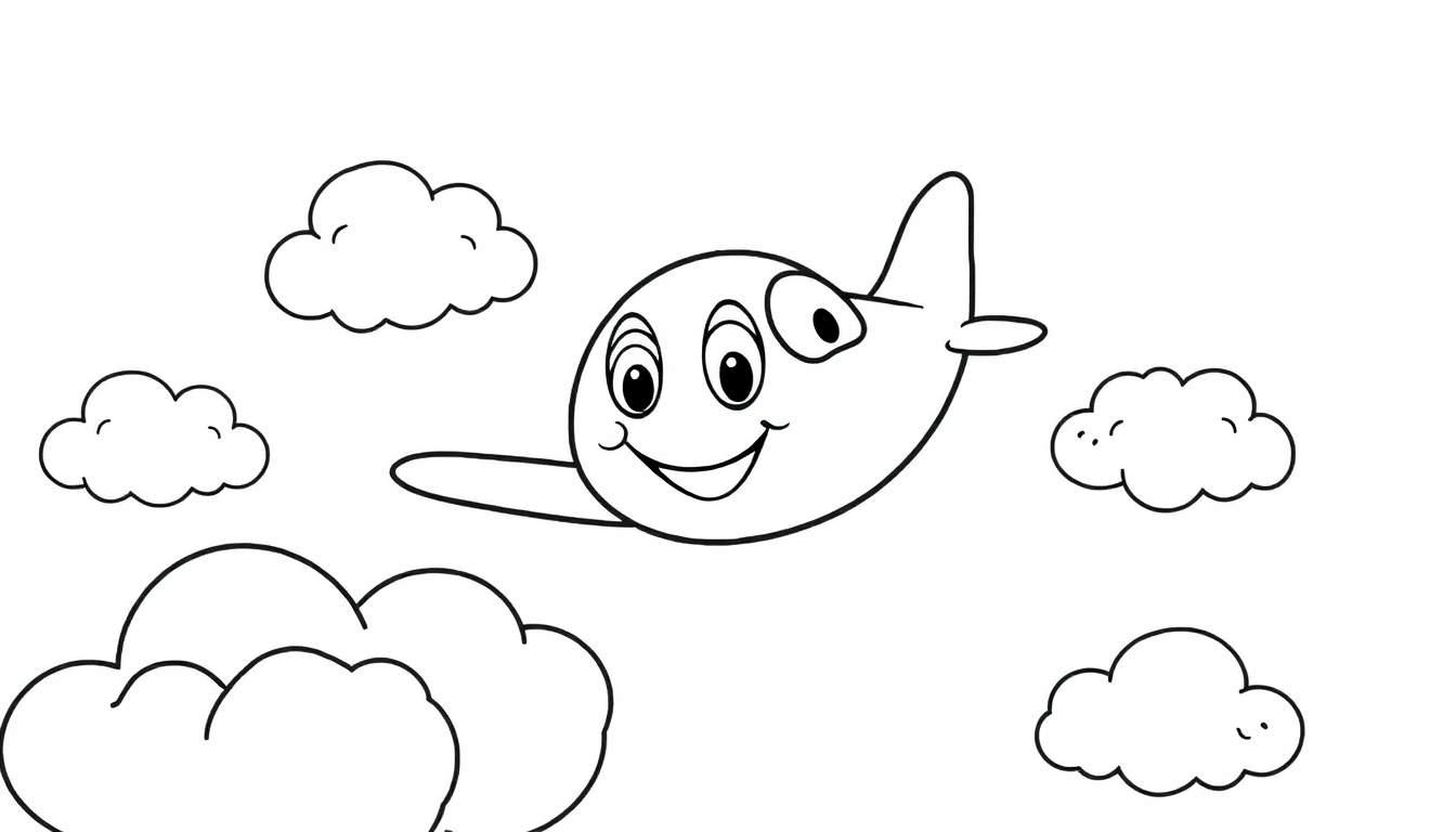 Un avión amigable sonriendo, listo para ser coloreado en una placa de color con nubes.