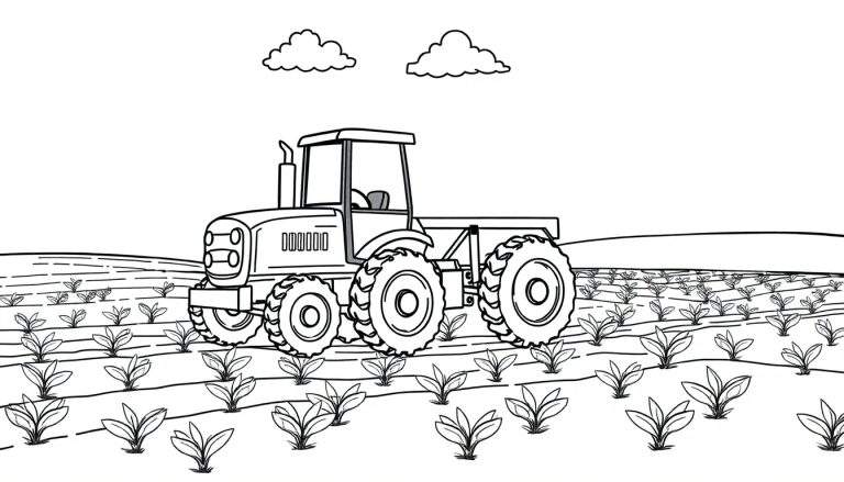 Un tractor amigable con grandes ruedas y una chimenea, cultivando un campo con hileras de plantas bajo un cielo soleado con nubes, diseñado para colorear en blanco y negro.