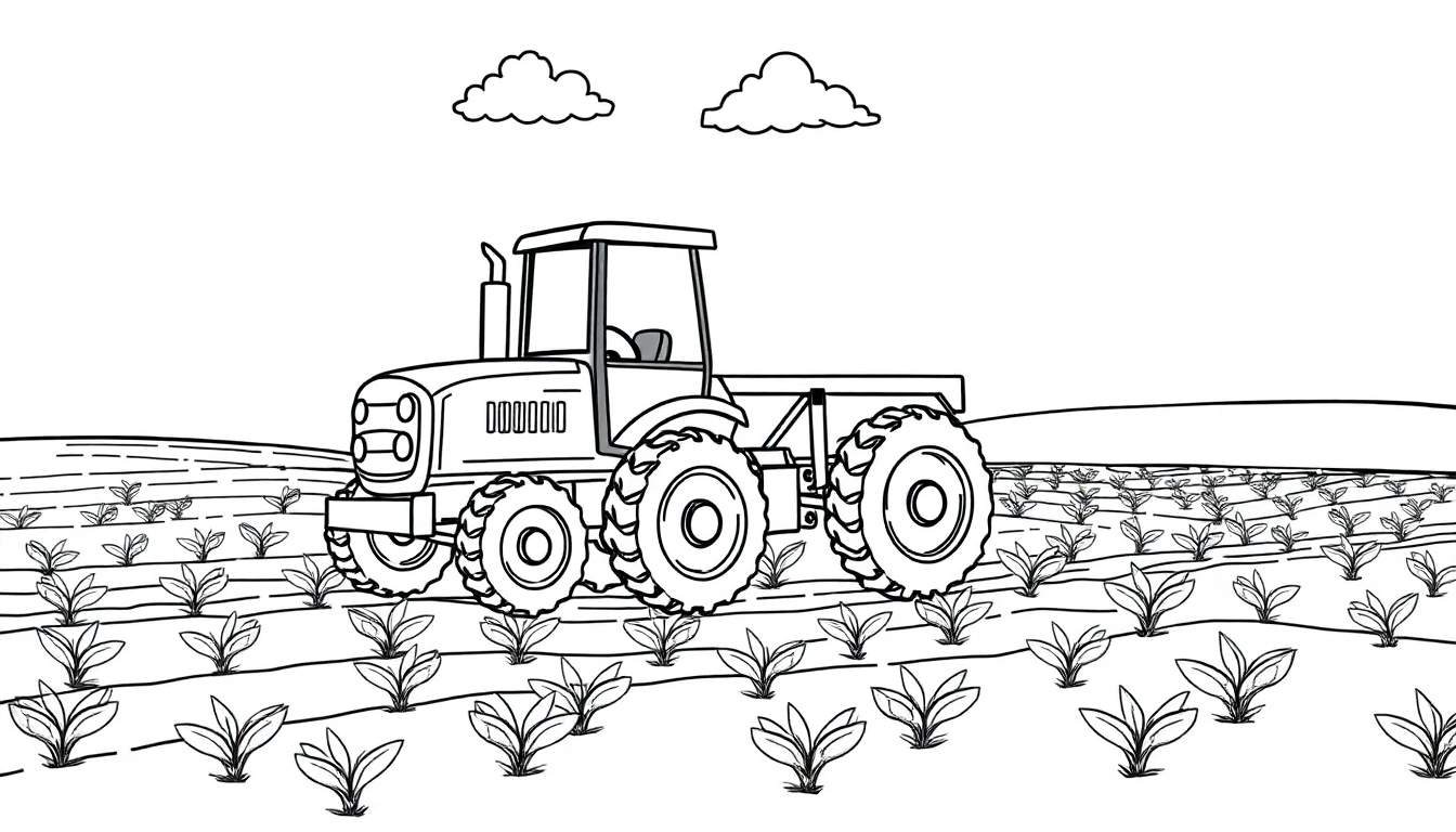 Un tractor amigable con grandes ruedas y una chimenea, cultivando un campo con hileras de plantas bajo un cielo soleado con nubes, diseñado para colorear en blanco y negro.