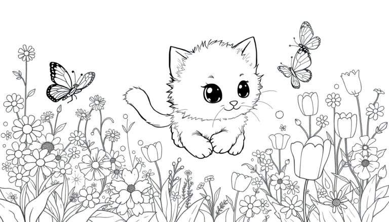 Placa de color de un gatito adorable persiguiendo mariposas entre flores.