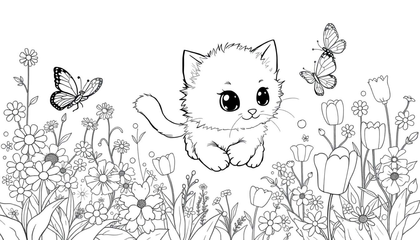 Placa de color de un gatito adorable persiguiendo mariposas entre flores.