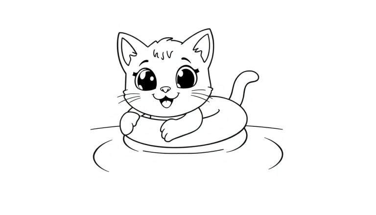 Placa de color de un gatito feliz flotando en un anillo en una piscina.