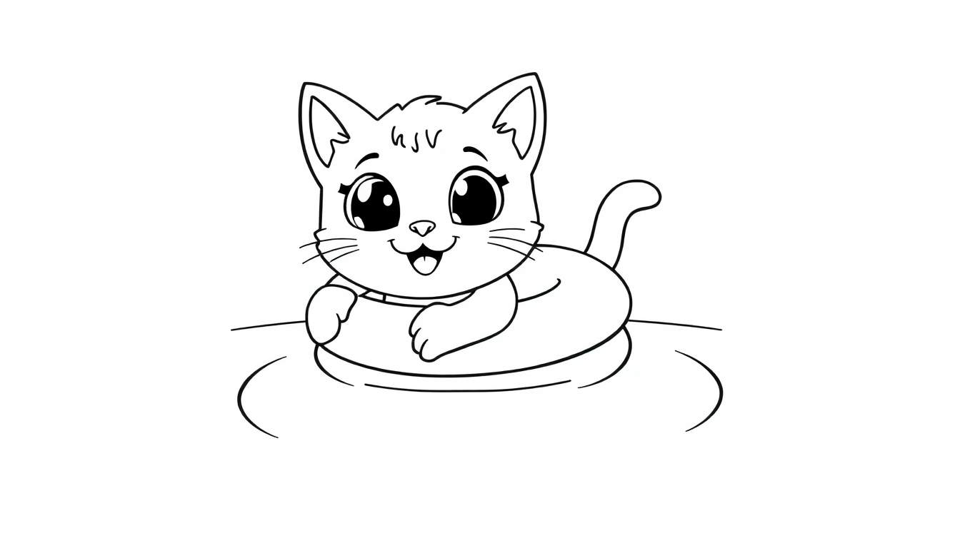 Placa de color de un gatito feliz flotando en un anillo en una piscina.