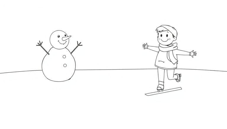 Placa de color de un niño sonriente patinando sobre hielo junto a un muñeco de nieve amigable.