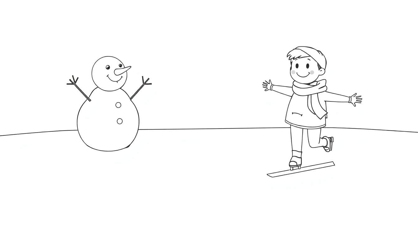 Placa de color de un niño sonriente patinando sobre hielo junto a un muñeco de nieve amigable.